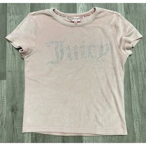 Juicy Couture Velour Baby Tee Womens M Y2K Bling Fuzzy 00s Rave Pink Spellout